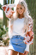 White Floral Patch Bishop Sleeve Sweater - WHITE / S / 55% ACRYLIC + 45% COTTON - Sweaters & Cardigans/Sweaters
