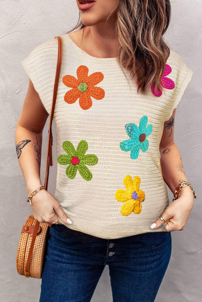 White Flower Crochet Round Neck Knitted Top - WHITE / S / 60% COTTON + 40% ACRYLIC - Sweaters & Cardigans/Short Sleeve
