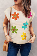 White Flower Crochet Round Neck Knitted Top - WHITE / S / 60% COTTON + 40% ACRYLIC - Sweaters & Cardigans/Short Sleeve