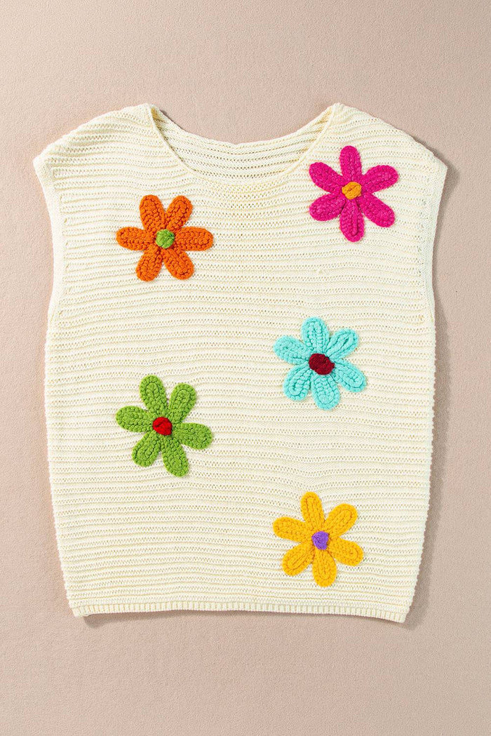 White Flower Crochet Round Neck Knitted Top - Sweaters & Cardigans/Short Sleeve