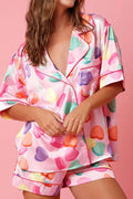 White Full Pattern Shirt and Shorts Satin Pyjamas Set - PINK / S / 100% POLYESTER - Loungewear & Sleepwear/Pyjama
