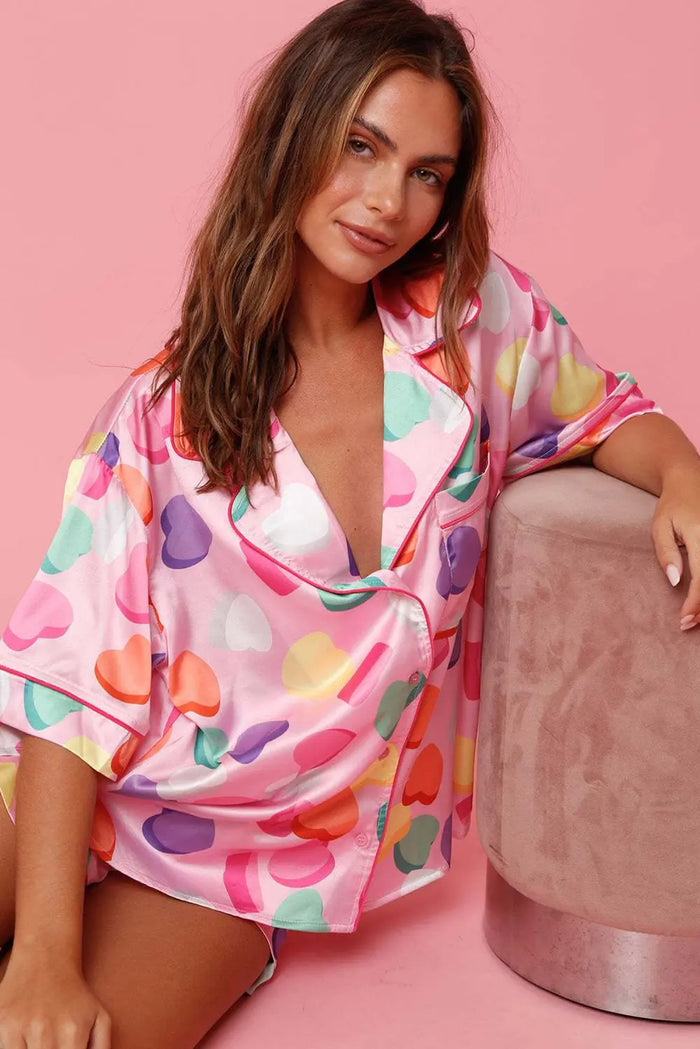 White Full Pattern Shirt and Shorts Satin Pyjamas Set - Loungewear & Sleepwear/Pyjama