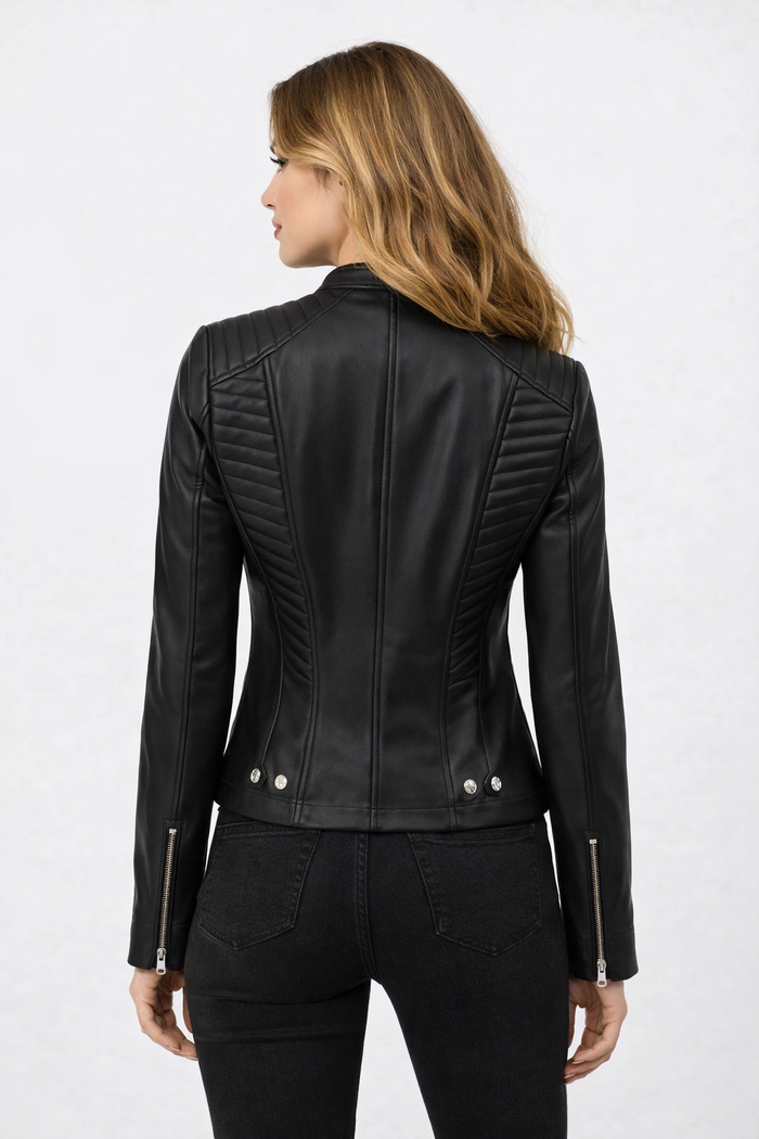 Women’s Black Cafe Racer Leather Jacket – Quilted Biker Fit