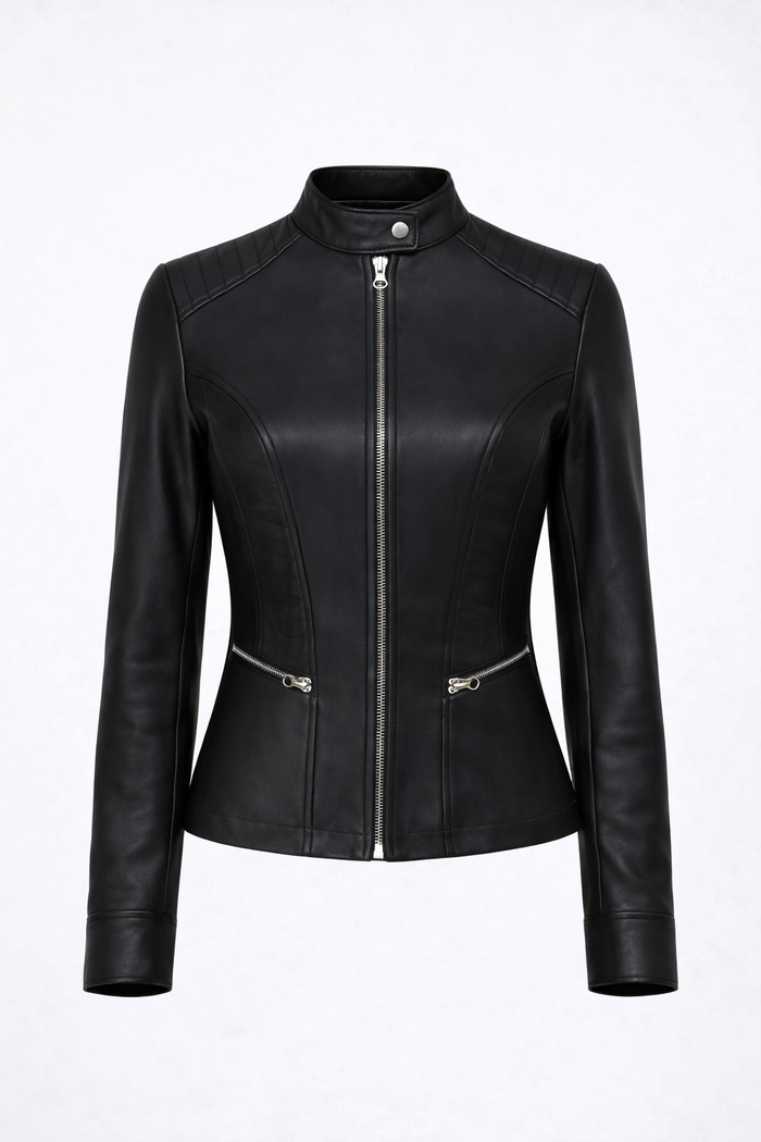 Women’s Black Cafe Racer Leather Jacket – Quilted Biker Fit