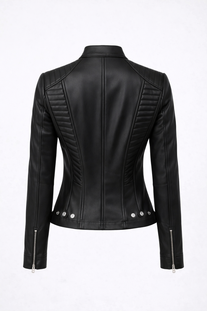 Women’s Black Cafe Racer Leather Jacket – Quilted Biker Fit