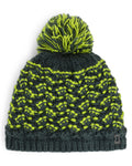 Knitted beanie with green pattern and pom-pom on a white background