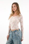Women's Long Sleeve Lace Top in Cream