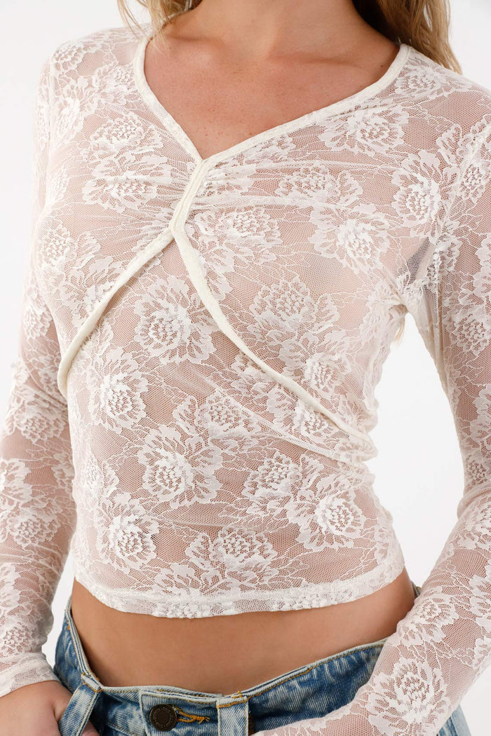 Women's Long Sleeve Lace Top in Cream