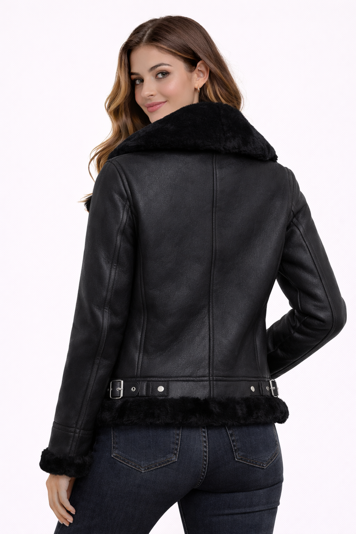 Women’s Moya V Black Shearling Aviator Moto Jacket