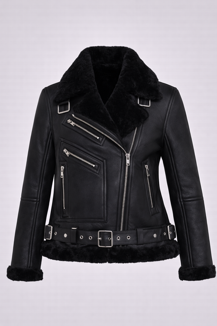 Women’s Moya V Black Shearling Aviator Moto Jacket