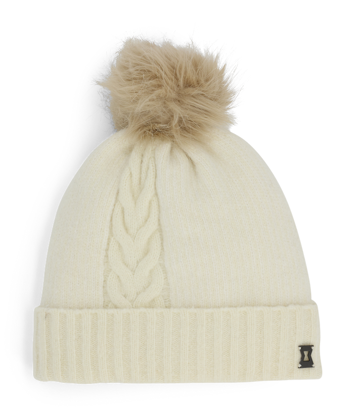 Women's Plait Pom Hat - White