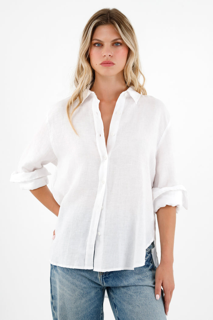 Women's White 100% Linen Long Sleeve Shirt
