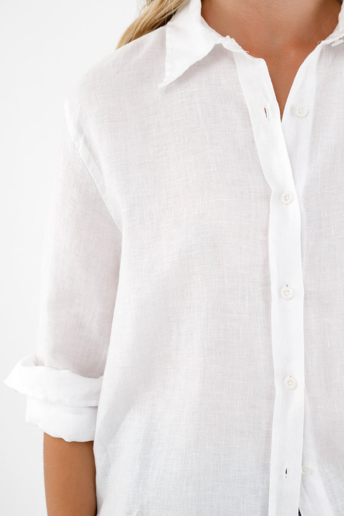 Women's White 100% Linen Long Sleeve Shirt