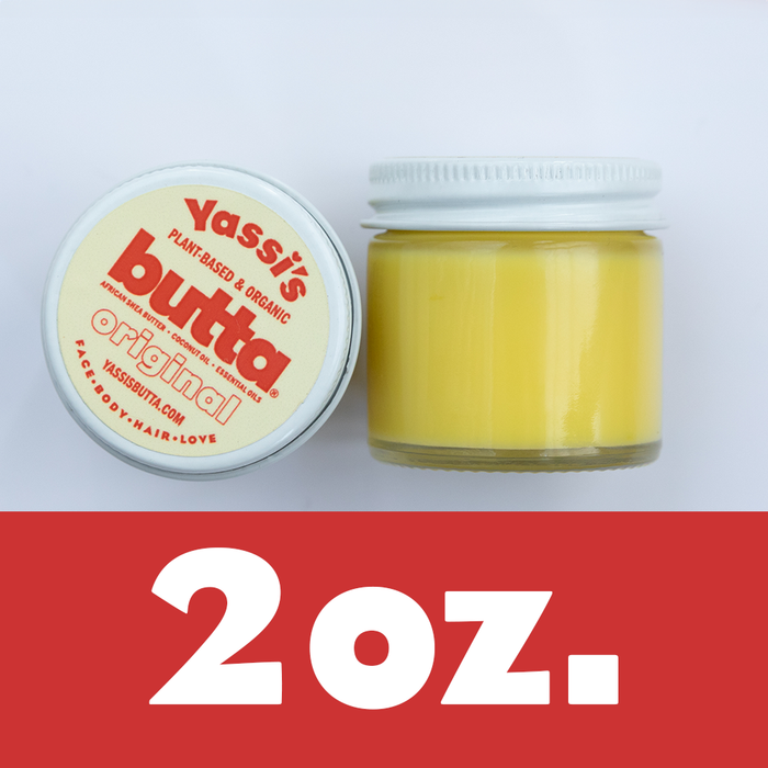 2 oz travel-size balm jar, yellow cream in clear container with white lid label
