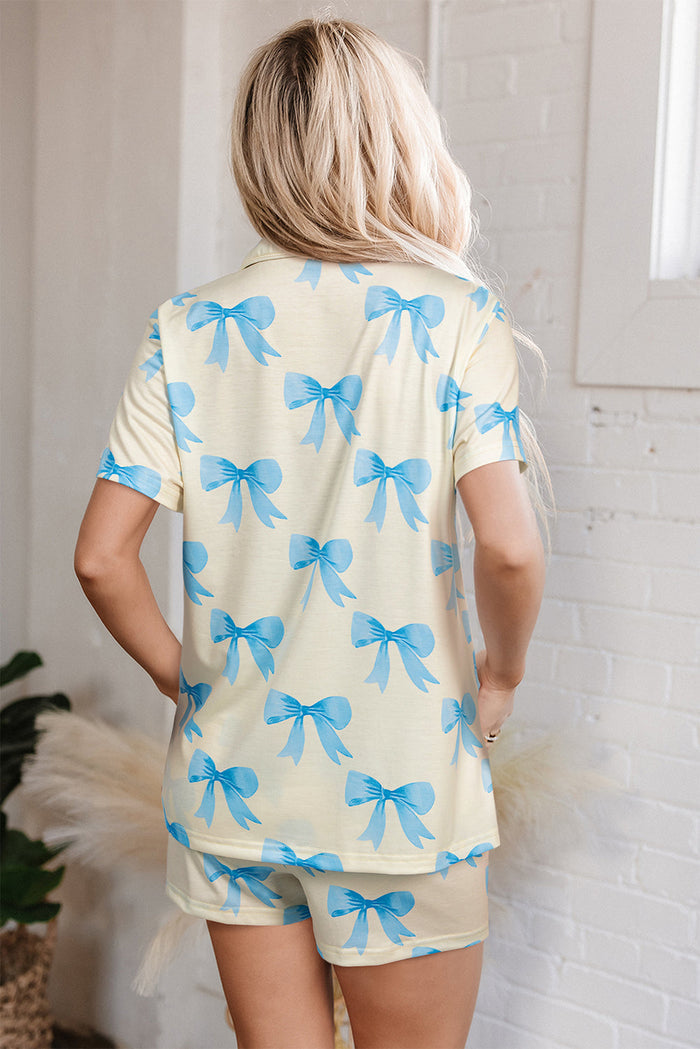 Yellow Bow Printed Short Sleeve Shirt Shorts Pyjama Set - Loungewear & Sleepwear/Pyjama