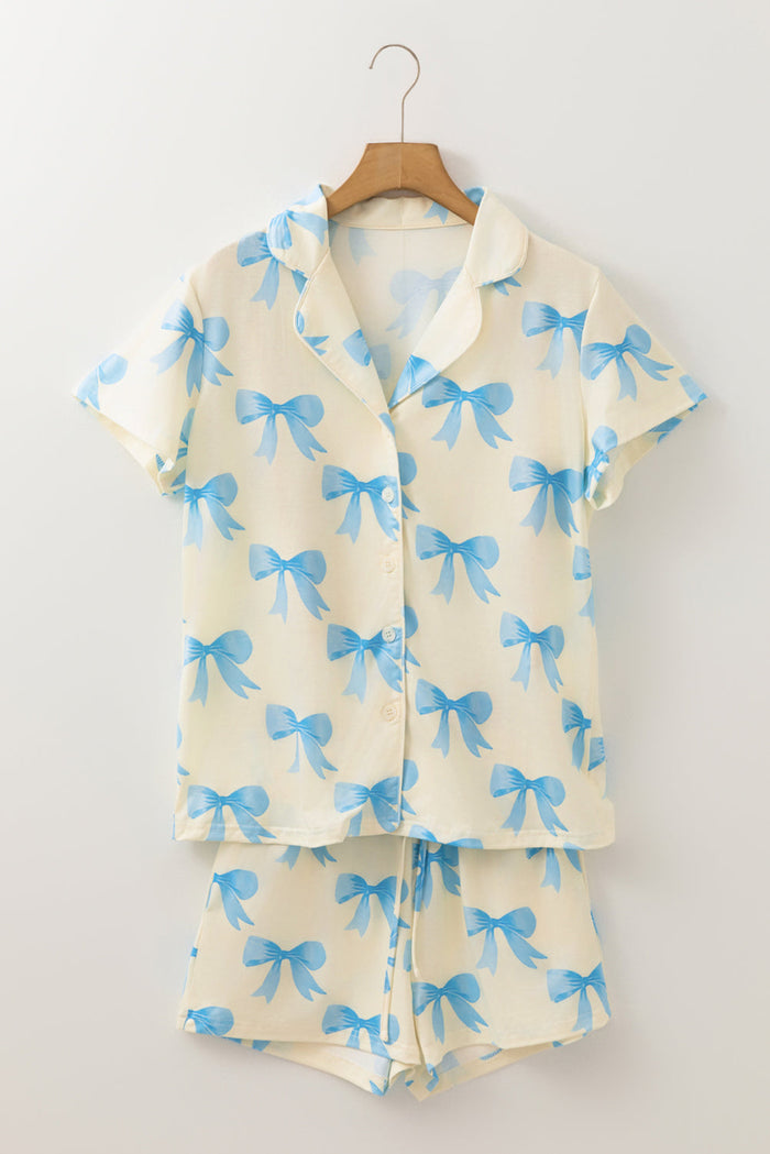 Yellow Bow Printed Short Sleeve Shirt Shorts Pyjama Set - Loungewear & Sleepwear/Pyjama
