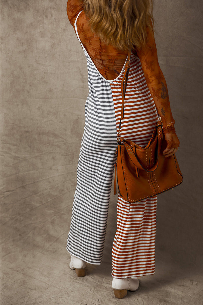 Yellow Stripe Two Tone Contrast Spaghetti Strap Backless Overall - Bottoms/Jumpsuits & Rompers
