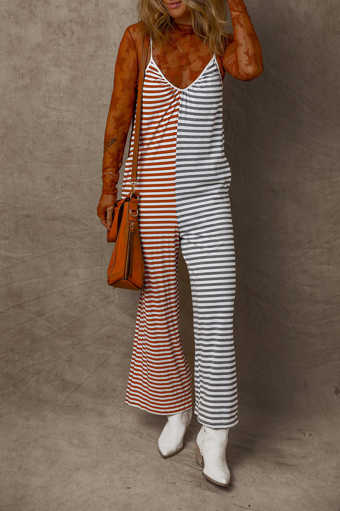 Yellow Stripe Two Tone Contrast Spaghetti Strap Backless Overall - Bottoms/Jumpsuits & Rompers