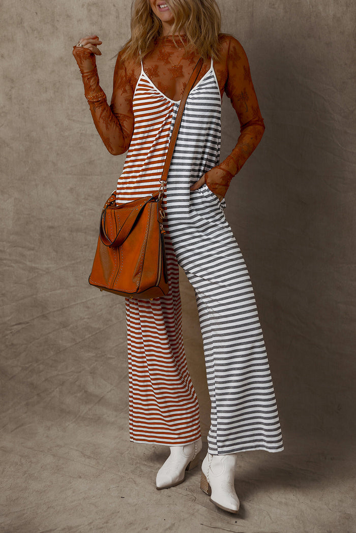 Yellow Stripe Two Tone Contrast Spaghetti Strap Backless Overall - Bottoms/Jumpsuits & Rompers