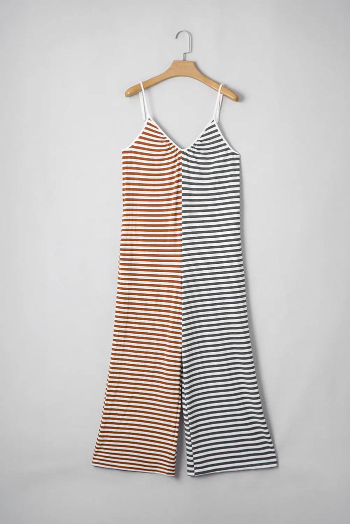 Yellow Stripe Two Tone Contrast Spaghetti Strap Backless Overall - Bottoms/Jumpsuits & Rompers