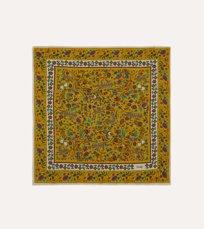 Yellow Tiger Garden Print Wool-Silk Bandana