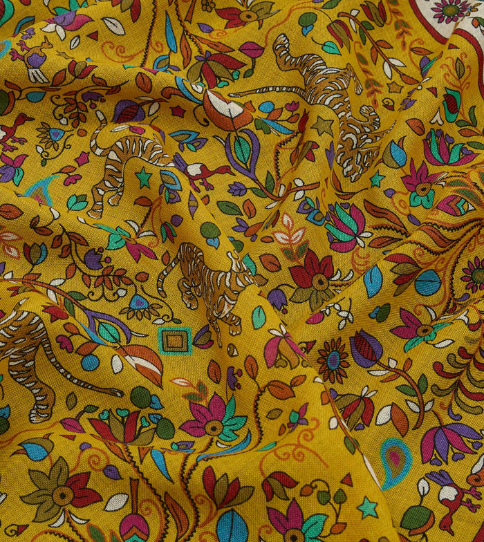 Yellow Tiger Garden Print Wool-Silk Bandana