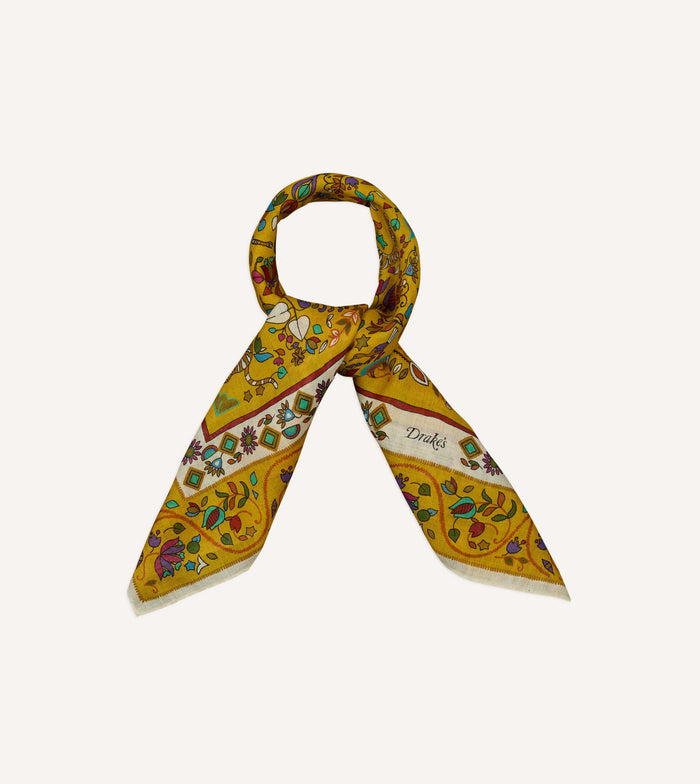 Yellow Tiger Garden Print Wool-Silk Bandana