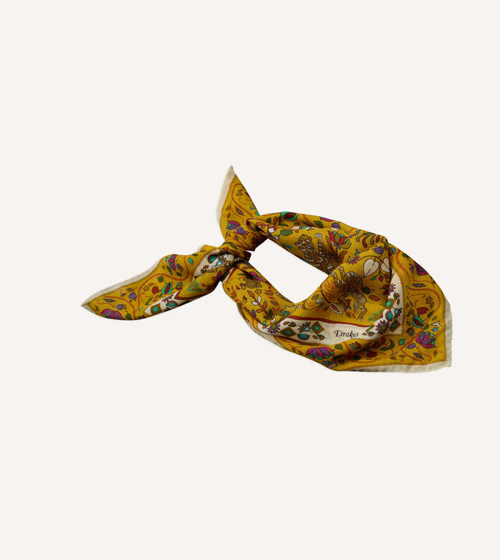 Yellow Tiger Garden Print Wool-Silk Bandana
