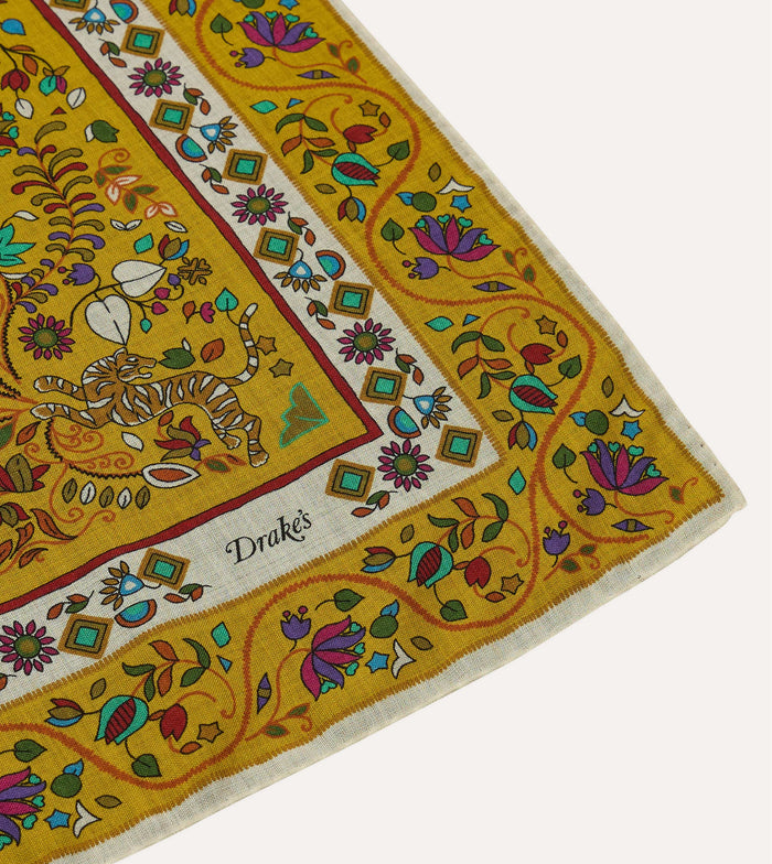 Yellow Tiger Garden Print Wool-Silk Bandana