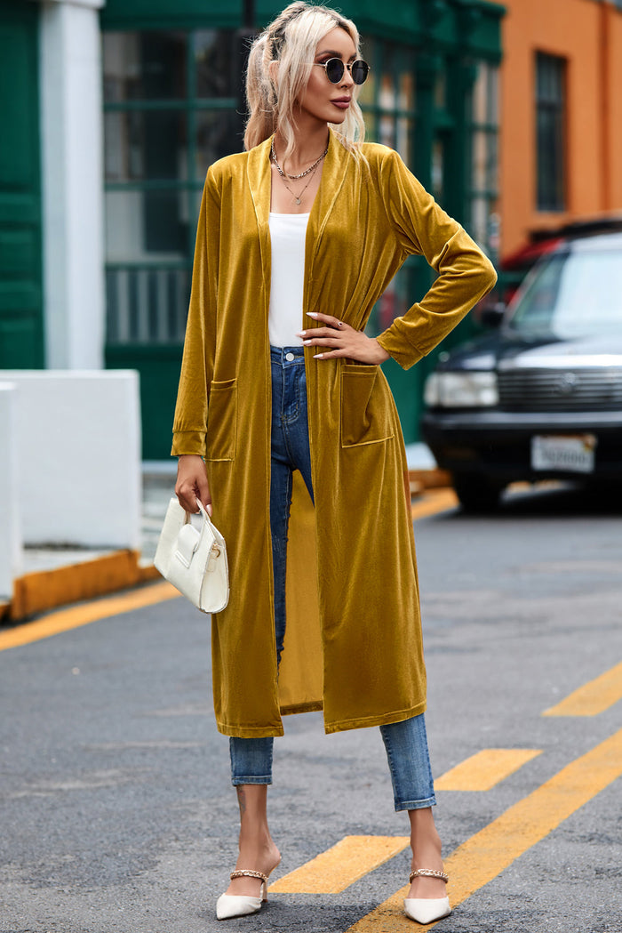 Yellow Velvet Open Front Pocketed Long Duster - YELLOW / S / 95% POLYESTER + 5% ELASTANE - Sweaters &