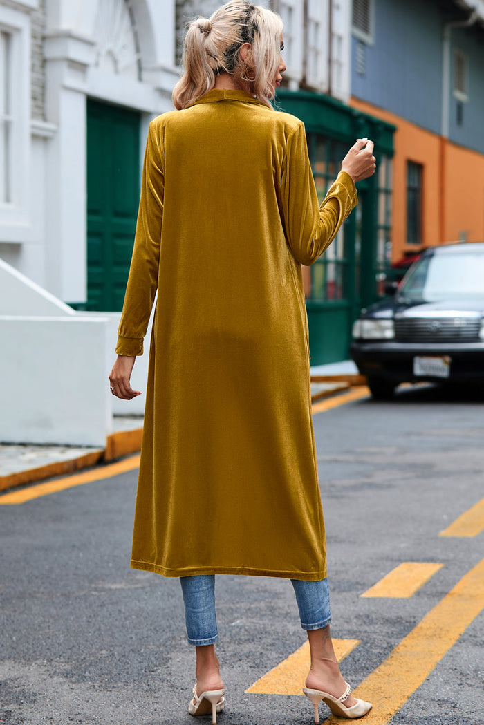 Yellow Velvet Open Front Pocketed Long Duster - Sweaters & Cardigans/Cardigans