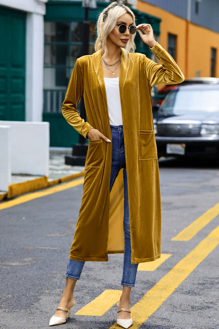 Yellow Velvet Open Front Pocketed Long Duster - Sweaters & Cardigans/Cardigans