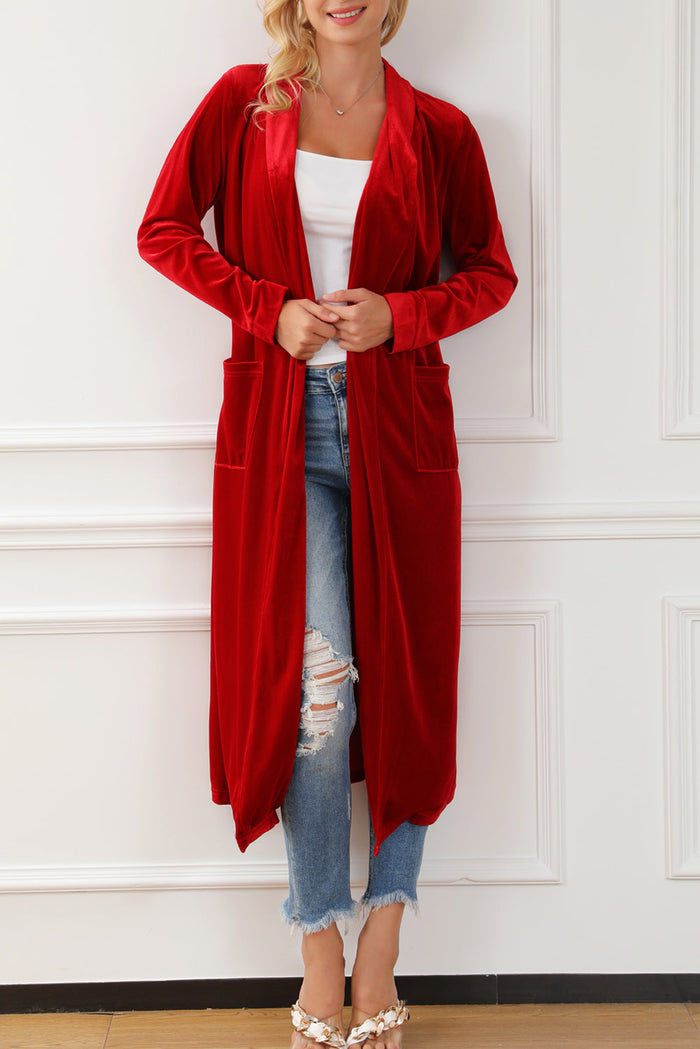 Yellow Velvet Open Front Pocketed Long Duster - RED / S / 95% POLYESTER + 5% ELASTANE - Sweaters & Cardigans/Cardigans