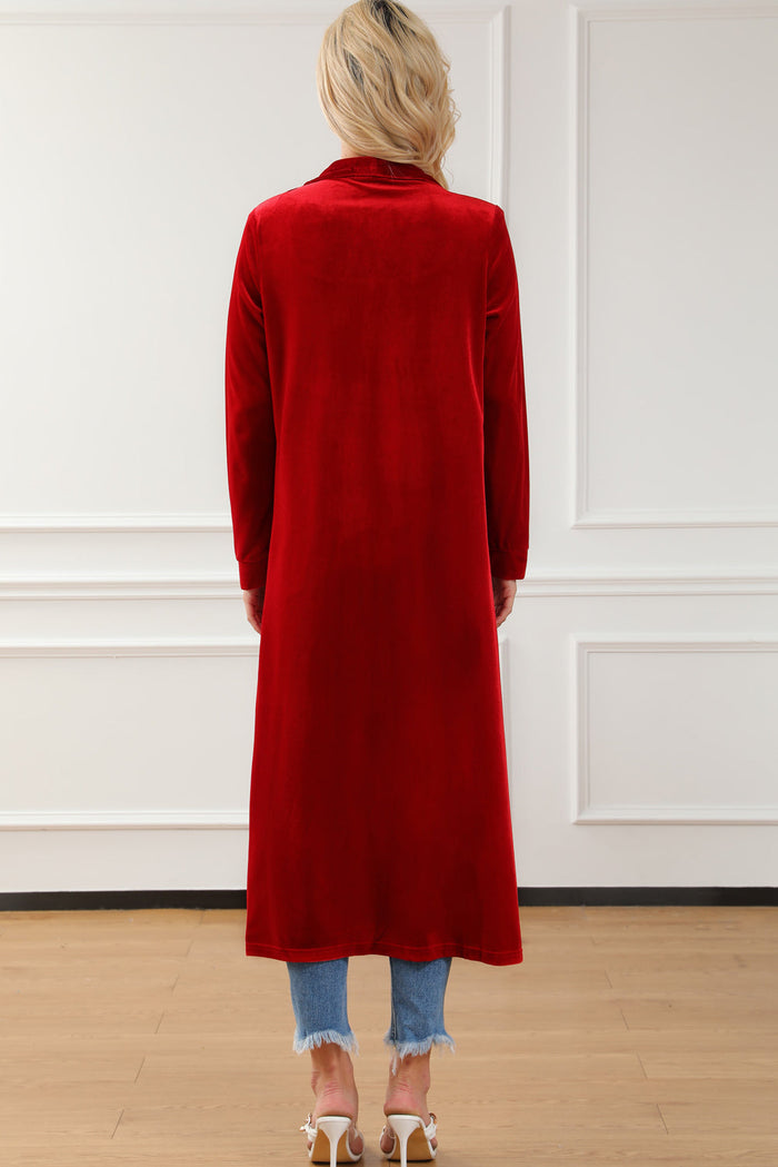 Yellow Velvet Open Front Pocketed Long Duster - Sweaters & Cardigans/Cardigans