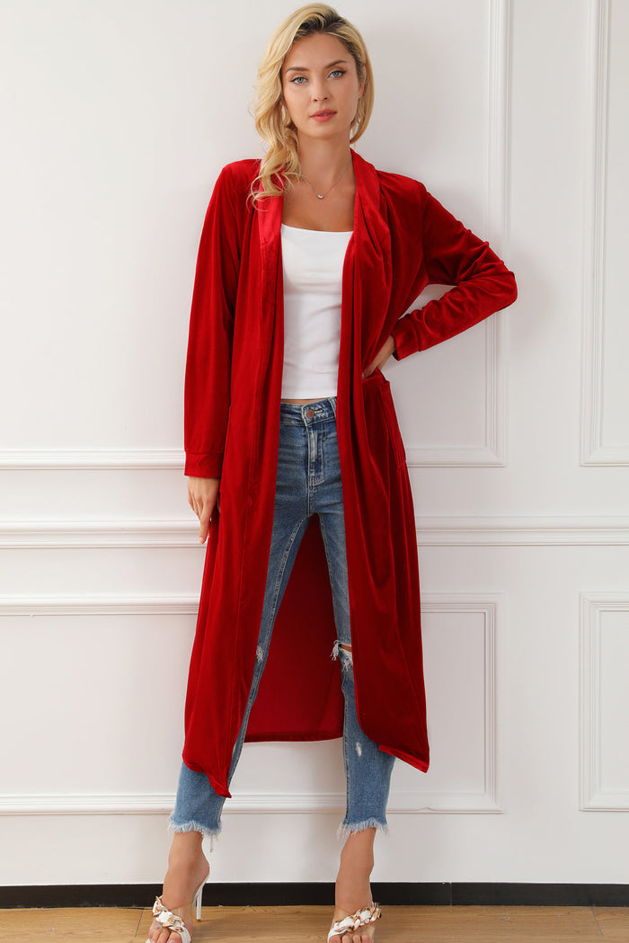 Yellow Velvet Open Front Pocketed Long Duster - Sweaters & Cardigans/Cardigans