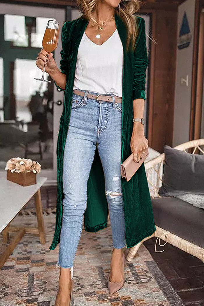 Yellow Velvet Open Front Pocketed Long Duster - GREEN / S / 95% POLYESTER + 5% ELASTANE - Sweaters & Cardigans/Cardigans