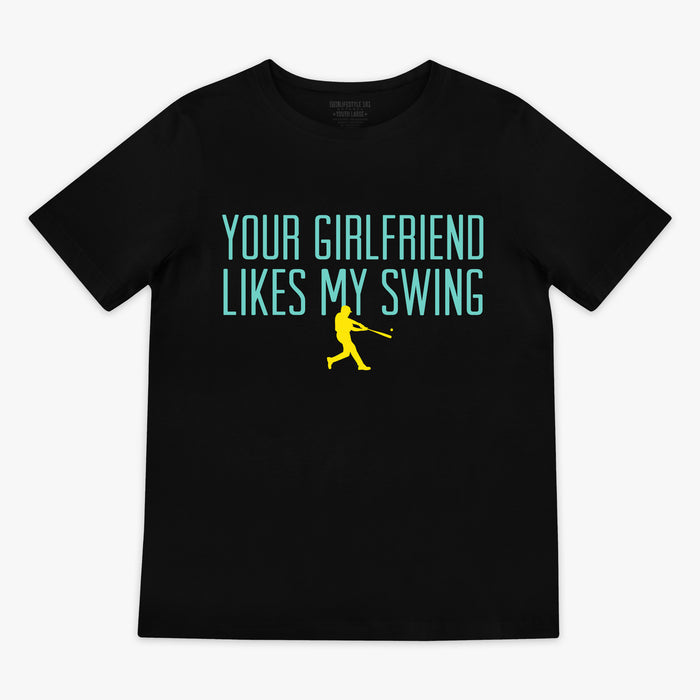Black youth graphic tee with “Your Girlfriend Likes My Swing” design — front view