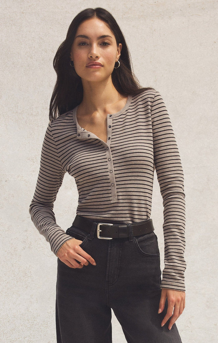 Z Supply Stella Stripe Henley in Heather Taupe Z Supply Casual Top S