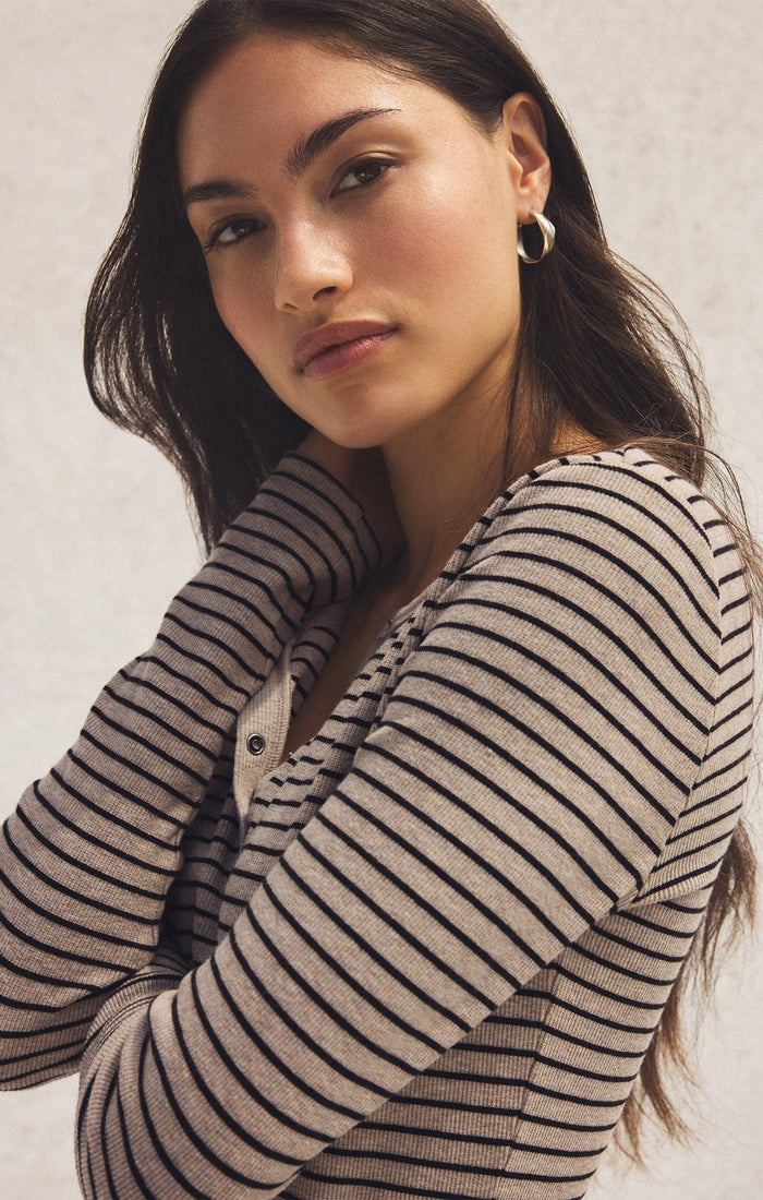 Z Supply Stella Stripe Henley in Heather Taupe Z Supply Casual Top
